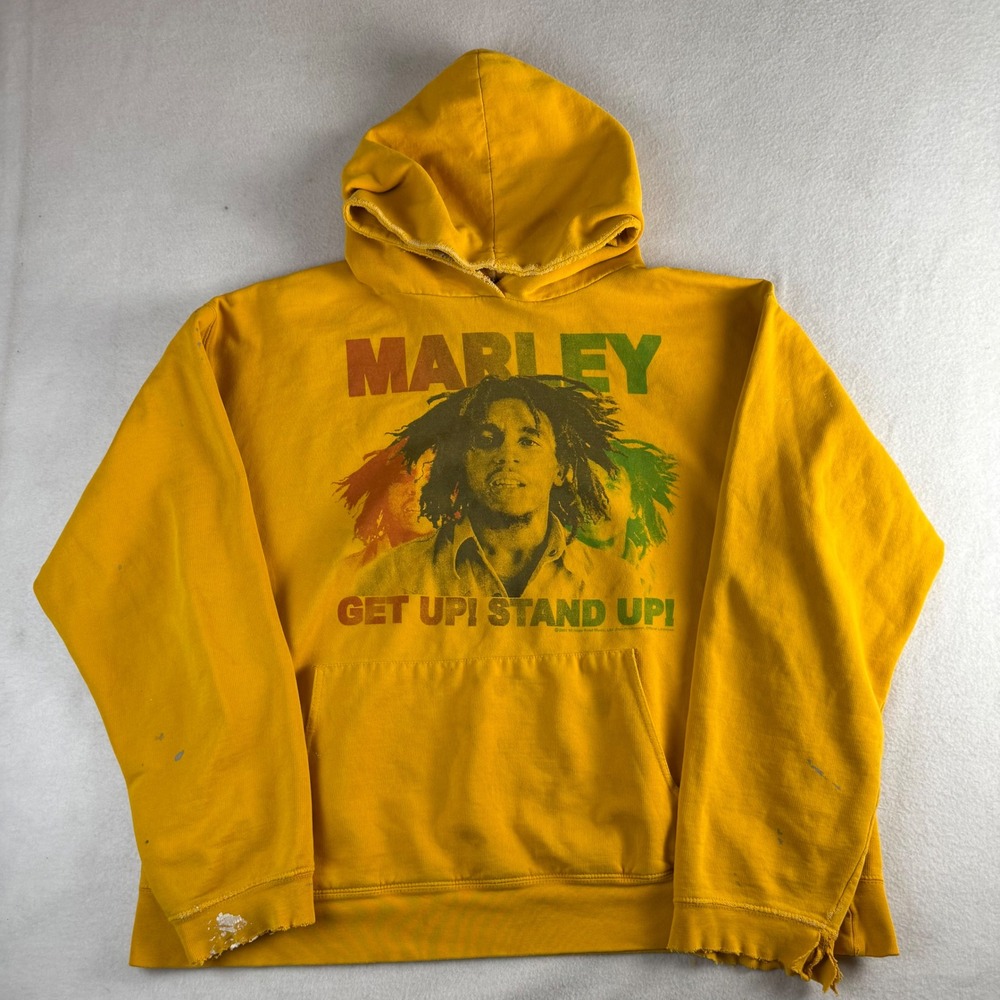 Zion Rootswear Bob Marley Get Up Stand Up Yellow Distressed Hoodie 2X Mens